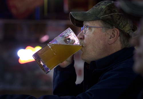 Scott Sommerdorf  |  The Salt Lake Tribune              
Doug Pearson takes a drink of his beer at Sofa's Bar, Sunday December 9, 2012. Sofa's Bar in Garland, Utah, began selling beer on Sunday Dec. 9 and will continue to sell on Sundays through Super Bowl Sunday on Feb. 13.
