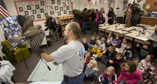 Steve Griffin | The Salt Lake Tribune


Buz Marthaler, of the Wildlife Rehabilitation Center of Northern Utah, holds Darth, a Swainson's Hawk, as they visit Riverton Elementary School to honor  Raegan  Fay's third-grade class for their help in the rehabilitation of an eagle that was burned the Saratoga Springs 'Dump Fire' last summer. The students organized a service project for the eagle, named Phoenix, to aid in its recovery. The students basically adopted Phoenix, raised money for its rehabilitation, made a scrapbook to chronicle the eagle's recovery, and built 30 bird perches for other birds injured in the fire. The service project was such a success, the students collected enough supplies to take care of Phoenix for a year. For all their hard work in helping to save the life of this precious eagle, the Wildlife Rehabilitation Center of Northern Utah will surprise Mrs. Fay's class with a thank you party at the Riverton school in Riverton, Utah Monday December 10, 2012.