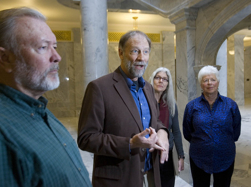 Paul Fraughton  |   The Salt Lake Tribune
Steve Erickson, of The Great Basin Water Network, center, is joined with Kirk Robinson, executive director of the Western Wildlife Conservancy; Lynn de Freitas, of The Friends of Great Salt Lake; and Linda Johnson, of The Salt Lake League of Women Voters, to deliver a letter to Gov. Gary Herbert urging him not to sign the proposed agreement with Nevada dealing with water in Utah's Snake Valley.
 Tuesday, December 11, 2012