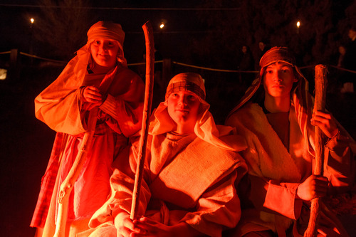 Trent Nelson  |  The Salt Lake Tribune
Lydia Bates, Dallas Bates and Peter Ashworth playing the roles of shepherds as part of the live Nativity in the Glen on Wednesday, Dec. 5, 2012, in Salt Lake City. The live Nativity in the Glen started in 2004 as a jointly sponsored event by the First Baptist Church, the Wasatch Presbyteryan Church, St. Ambrose and Lady of Lourdes Parish Churches and The Church of Jesus Christ of Latter-day Saints, Bonneville Stake. Now, more than 100 people are involved in this elaborate Nativity which features animals, music and hot cocoa.