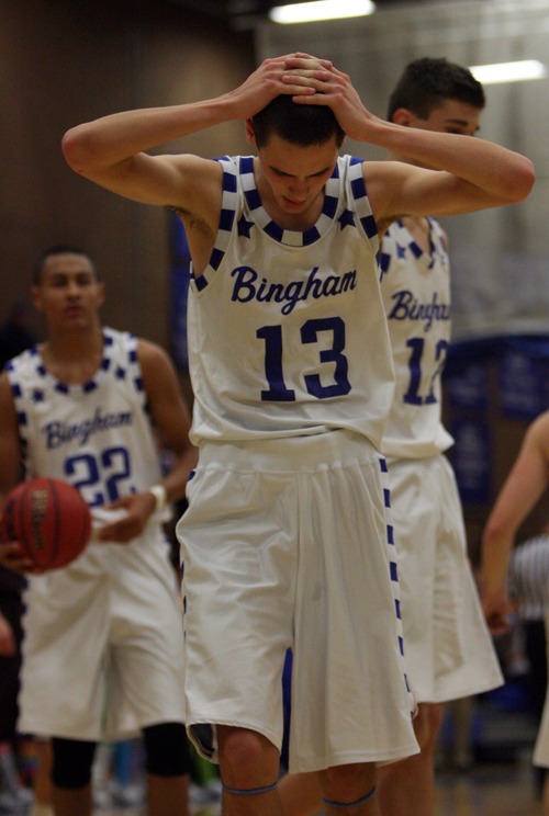 Kim Raff  |  The Salt Lake Tribune
Bingham Jordan Evans reacts to a foul called on a teammate late in the game against Davis while trailing by a few points at Bingham High School in South Jordan on December 7, 2012. Davis went on to win the game.