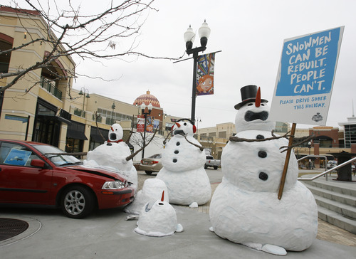 Rick Egan  |  The Salt Lake Tribune
A splattered snowman at The Gateway is a graphic reminder that being hit by a drunk driver can have far-reaching consequences for humans.