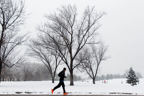 Trent Nelson  |  The Salt Lake Tribune
A jogger braves a snowy afternoon in Sugar House Park in Salt Lake City, Saturday December 15, 2012.