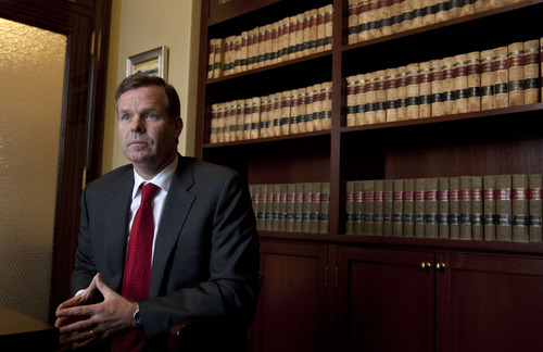 Steve Griffin | The Salt Lake Tribune



John Swallow, Chief Deputy Utah Attorney General, and newly elected Utah Attorney General, in the attorney general's offices at the Utah State Capitol Building in Salt Lake City, on Dec. 3, 2012. Swallow will be in charge of defending Utah's bigamy law from a court challenge even though he says he won't prosecute people for bigamy itself.
