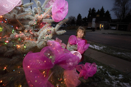 Paul Fraughton  |   The Salt Lake Tribune
Annie Graham,  a neighbor of the  Parker family,  hangs pink bows on the pine tree decorated with Christmas lights in her front yard. Other friends and neighbors of the Parkers  spread out over their Ogden neighborhood Monday night  hanging pink ribbons  to commemorate  young Emilie Parker, who was one of the children killed in the shooting at the Connecticut  elementary school.