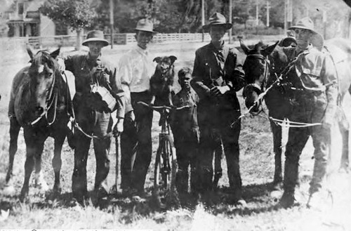 (Photo Courtesy Utah State Historical Society)

Men and a young boy pose with horses and a dog in a field in Sanpete County in 1890. (From right to left: Royal Henry, Brad Larson, Lester Larson, Edgar Larson, and Ed Calloway.)