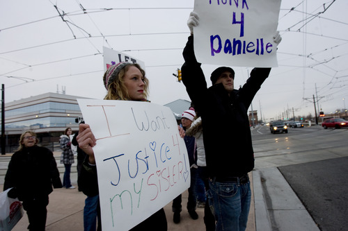 Kim Raff  |  The Salt Lake Tribune
Kayleen Willard, sister of Danielle Willard,  joins three dozen people who gathered outside the West Valley City Hall Sunday for a vigil for Danielle, who was shot by West Valley police on Nov. 2 as she sat in her car unarmed.