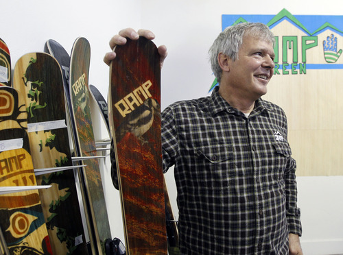 Al Hartmann  |  The Salt Lake Tribune
RAMP Sports founder and president Mike Kilchenstein holds a 2013 "Woodpecker,"  an all-around downhill ski at the company production facility in Park City. RAMP Sports is experiencing impressive growth and extended demand for its hand-crafted skis and snowboards.