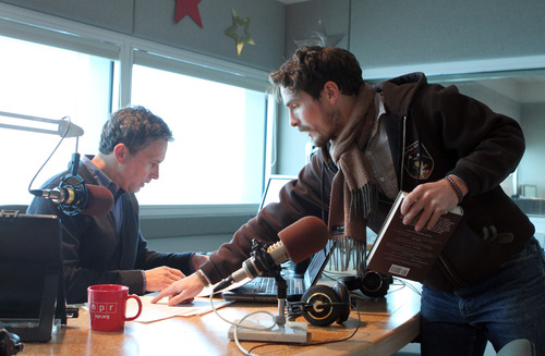 Francisco Kjolseth  |  The Salt Lake Tribune
Doug Fabrizio, left, host of Radio West on KUER prepares for a recent show with the help of producer Benjamin Bombard.