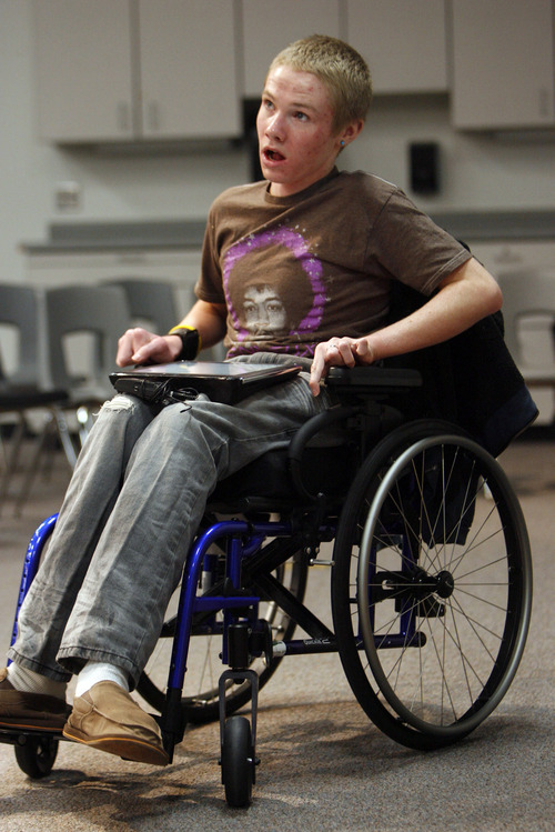 Francisco Kjolseth  |  The Salt Lake Tribune
Tanner Kirk, 16, a teen who attempted suicide at the age of 13, gets ready to speak to Jordan High students for an assembly entitled "Suicide Shouldn't be a Secret!" Kirk, who speaks mostly with the help of a voice projecting computer, survived the attempt and now sits in a wheelchair and can barely talk.