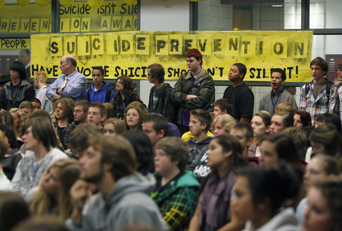 Francisco Kjolseth  |  The Salt Lake Tribune
Jordan High School students pack in for an assembly entitled "Suicide Shouldn't be a Secret!" on Tuesday, December 18, 2012, where Tanner Kirk, a teen who attempted suicide three years ago at the age of 13, spoke with the assistance of a computer. Suicide is the second leading cause of death among Utah teens and in 2011, 11,503 Utah teens made a suicide attempt.