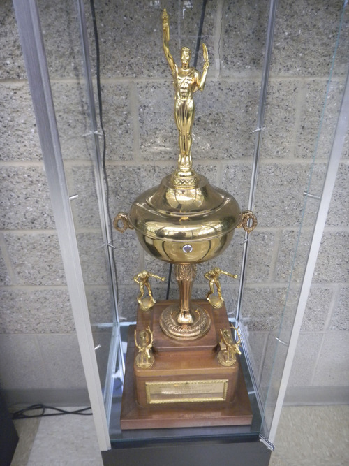 Tom Wharton  |  The Salt Lake Tribune
A trophy from Ogden Elks Club given to West Jordan's Gene Fullmer, the former middleweight champion of the world, in 1959 is now on display at the Gene Fullmer Recreation Center in West Jordan.