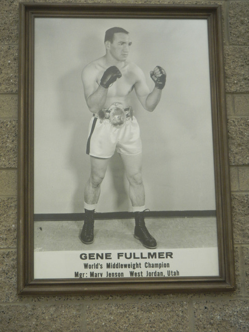 Tom Wharton  |  The Salt Lake Tribune
A poster photo of former middleweight champion Gene Fullmer was part of memorabilia the family recently donated to the Gene Fullmer Recreation Center in West Jordan.