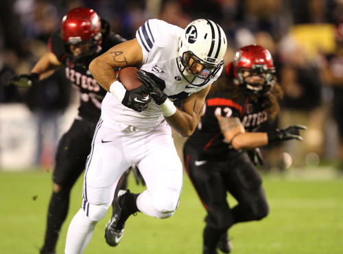 Rick Egan  | The Salt Lake Tribune 

Brigham Young Cougars tight end Devin Mahina (84) runs after a big catch with just 9 seconds left in the half,setting up BYU's only score of the game so far,  in football action during the Poinsettia Bowl, BYU vs. San Diego State, Thursday, December 20, 2012.
