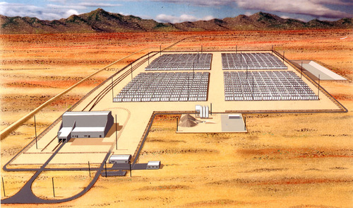 Tribune file image
A Tribune artist's rendering shows the proposed Skull Valley nuclear waste storage facility, which called for construction of a huge cement slab on the desert floor to hold containers of spent nuclear fuel.