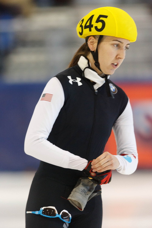 Trent Nelson  |  The Salt Lake Tribune
Lana Gehring took first place in the Ladies 1000 Meters Final the US Short Track Championship at the Olympic Oval in Kearns, Saturday December 22, 2012.