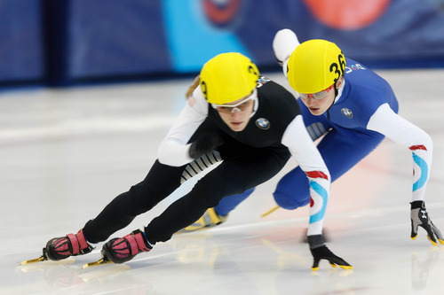 Trent Nelson  |  The Salt Lake Tribune
Alyson Dudek (367, right) took the lead from Emily Scott to take first in the Ladies 1000 Meters Semifinal during the US Short Track Championship at the Olympic Oval in Kearns, Saturday December 22, 2012.