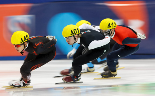 Trent Nelson  |  The Salt Lake Tribune
Aaron Tran (446), Chris Creveling (401) and Keith Carroll Jr. (413) race in the Men 1000 Meters Semifinal during the US Short Track Championship at the Olympic Oval in Kearns, Saturday December 22, 2012.
