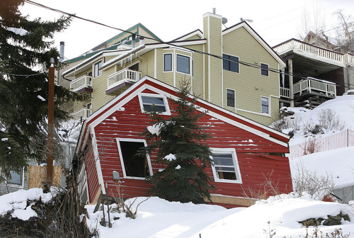 Scott Sommerdorf  |  The Salt Lake Tribune              
The historic house built in the late 1800's off it's foundation at 335 Woodside Ave., in Park City, Sunday, December 23, 2012.