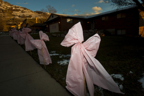 Chris Detrick  |  The Salt Lake Tribune
Pink ribbons put up by family, friends and neighbors of the Parker family hang outside of Randy Parker's home, Emilie's grandfather, in Ogden on Wednesday, Dec. 19, 2012. The pink helps commemorate young Emilie Parker, who was one of the children killed in the shooting at the Connecticut elementary school.