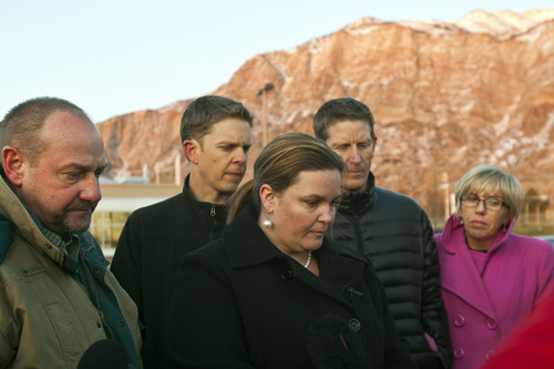 Chris Detrick  |  The Salt Lake Tribune
Surrounded by members of the Parker and Cottle family, Jill Cottle Garrett, the aunt of 6-year-old Emilie Parker, who was killed in the Sandy Hook Elementary School shooting, speaks during a press conference outside of Ben Lomond High School in Ogden on Wednesday, Dec. 19, 2012. In the background is Randy Parker, Jeremie Parker, Brady Cottle, Daren Cottle and JoAnn Cottle. The public service honoring Emilie Parker will be held at 7 p.m. Thursday at Ben Lomond High, 1080 E. 9th St.