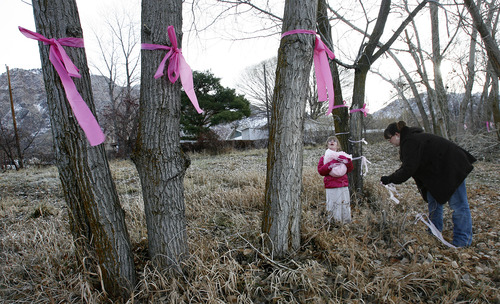 Scott Sommerdorf  |  The Salt Lake Tribune              
Valerie Young and her six year-old daughter Annabelle tie pink ribbons along the route on Monroe Blvd. that leads to Evergreen Memorial Park, Saturday, December 22, 2012.
