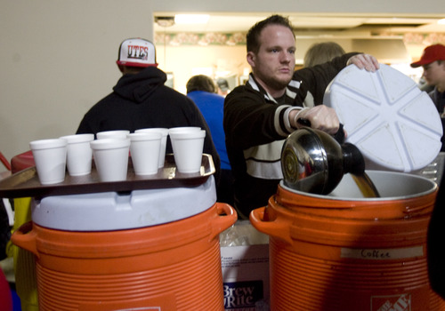 Kim Raff  |  The Salt Lake Tribune
Volunteer Ben Anderson makes coffee during the Salt Lake City Mission's Christmas day meal at the Christian Life Center in Salt Lake City on December 25, 2012.