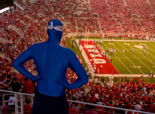 Trent Nelson  |  The Salt Lake Tribune
A BYU super fan looks down on Rice-Eccles Stadium as Utah hosts BYU on Saturday, Sept. 15, 2012.
