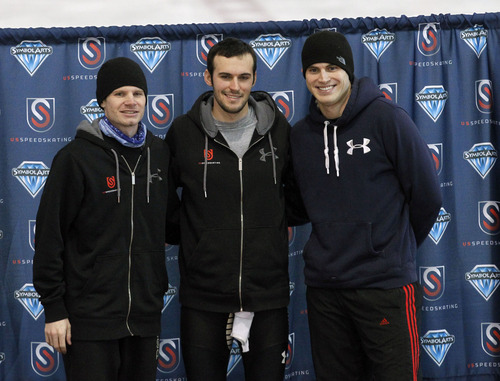 Al Hartmann  |  The Salt Lake Tribune
Tucker Fredricks, silver medalist, left, Mitch Whitmore, gold medalist and James Cholewinski,  bronze medalist, stand on the awards podium for the 500-meter race at the  U.S. Long-Track Speedskating Championships at the Utah Olympic Oval in Kearns Friday, Dec. 28.