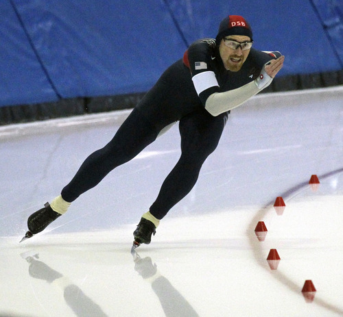 Al Hartmann  |  The Salt Lake Tribune
Andrew Love skates through the final turn in the 500-meter race at the  U.S. Long-Track Speedskating Championships at the Utah Olympic Oval in Kearns Friday, Dec. 28.