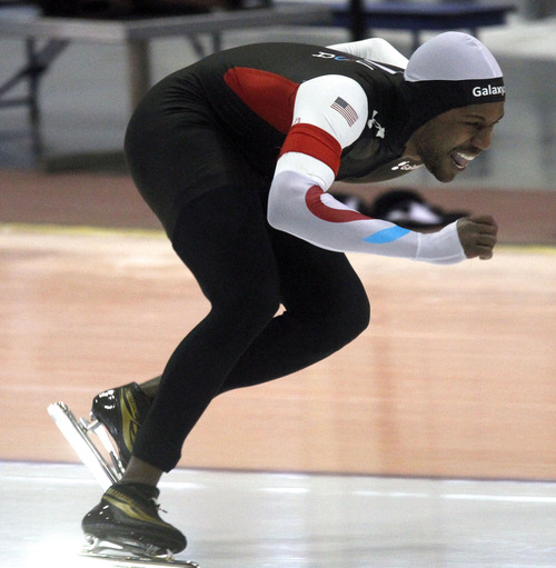 Al Hartmann  |  The Salt Lake Tribune
Past Olympian Shani Davis comes through the final turn in the 500-meter race at the  U.S. Long-Track Speedskating Championships at the Utah Olympic Oval in Kearns Friday, Dec. 28. He took seventh place in the event.