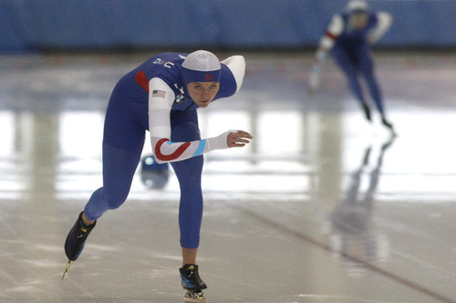 Chris Detrick  |  The Salt Lake Tribune
Heather Richardson competes in the 1000 meter race during the U.S. Long-Track Speedskating Championships at the Utah Olympic Oval Saturday December 29, 2012.