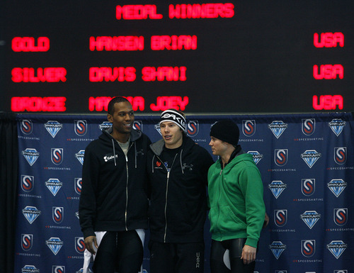 Scott Sommerdorf   |  The Salt Lake Tribune
The winner's podium for the men's 1500 meters at the U.S. Long-Track Championships at the Utah Olympic Oval in Kearns, Sunday, December 30, 2012. From left to right are: Second-place finisher Shani Davis (1:46.65), winner of the event, Brian Hansen (1:44.96), and third-place finisher Joey Mantia (1:47.13).
