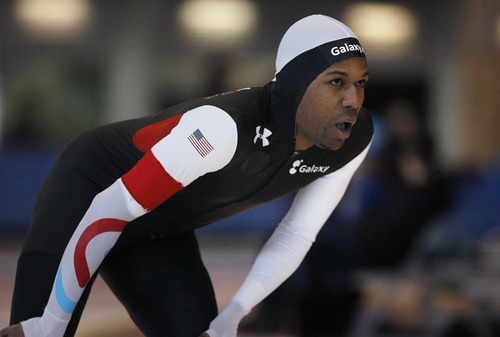 Scott Sommerdorf   |  The Salt Lake Tribune
Shani Davis looks up to see his time in the men's 1500 meters. His time of 1:46.65, was good for second place, Sunday, December 30, 2012, at the U.S. Long-Track Championships at the Utah Olympic Oval in Kearns.