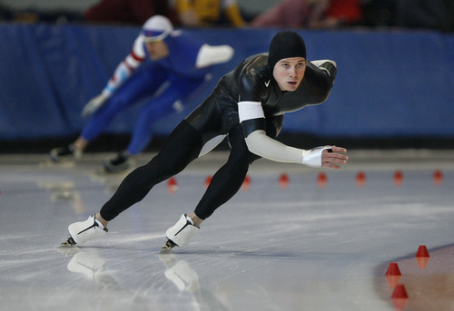 Scott Sommerdorf   |  The Salt Lake Tribune
Men's third-place finisher Joey Mantia skates in the men's 1500 meters, where he posted a time of 1:47.13, Sunday, December 30, 2012, at the U.S. Long-Track Championships at the Utah Olympic Oval in Kearns.