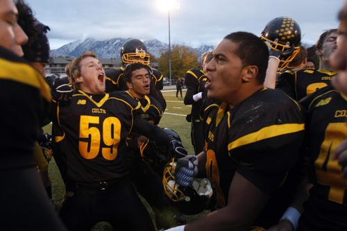 Tribune file photo
The Cottonwood football team celebrates a 2009 win. Before millionaire donor Scott Cate's arrival, the Colts were perennial basement dwellers. Between 2004 and 2011, Cottonwood accumulated a 72-25 record. In those eight seasons, the Colts won more games than in the previous 24 seasons.