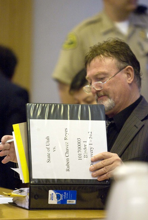 Paul Fraughton  |  Tribune file photo
Defense attorney  Jim Slavens died Dec. 12, 2012, in a crash in Fillmore. In this June 2, 2010, photo, Slavens looks over a binder before a preliminary hearing for Ruben Chavez-Reyes in 4th District Court in Fillmore.