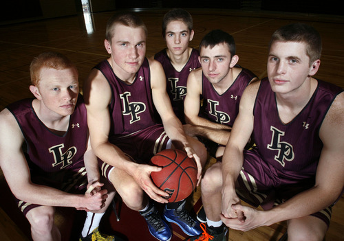 Scott Sommerdorf  |  The Salt Lake Tribune              
The Lone Peak starting five, left to right: 
TJ Haws, Eric Mika, Connor Toolson, Nick Emery, and Talon Shumway, at Lone Peak High in Highland, Thursday December 13, 2012.