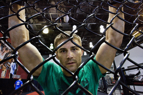 Scott Sommerdorf  |  The Salt Lake Tribune
Mixed Martial Arts fighter Rad Martinez of West Jordan takes a break from  his MMA training session at the Riven Academy in Orem, Thursday, Aug. 11, 2011. Martinez will fight Feb. 21 in West Valley City in the Bellator MMA Featherweight Tournament Finals.
