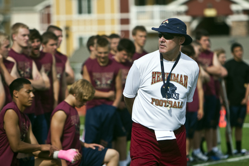 Photo by Chris Detrick | The Salt Lake Tribune 
Coach Larry Wilson during a football camp at Herriman High School Tuesday May 31, 2011.