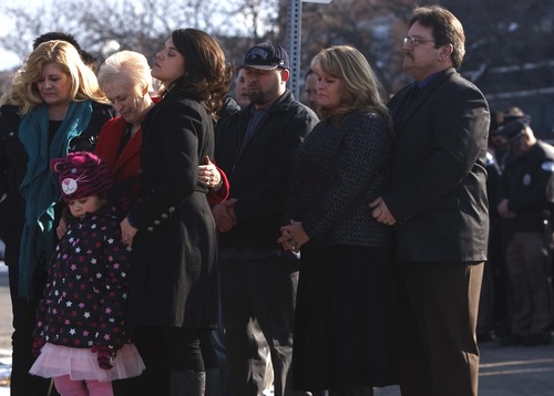 Leah Hogsten  |  The Salt Lake Tribune
l-r Rebecca Yerage, Dona Crouch, Jared Francom's wife Erin Francom and their daughter Samantha, 6, and Shelly and Jade Francom, Jared's parents were honored Friday at a ceremony to rename the Ogden Public Safety Building to the Francom Public Safety Center in memory of Jared Francom. He was killed one year ago in the line of duty.
