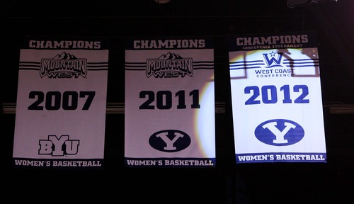 Leah Hogsten  |  The Salt Lake Tribune
Brigham Young University Lady Cougars' West Coast Conference Championship banner was unveiled Saturday. The Brigham Young University Lady Cougars defeated the University of San Francisco Lady Dons 80-58 at BYU Saturday January 5, 2013 in Provo.