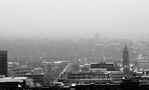 Francisco Kjolseth  |  The Salt Lake Tribune
Little can be seen just beyond the Salt Lake City and County building as a continued inversion keeping temperatures below freezing pushes the Salt Lake Valley air quality into the red on Monday, January 7, 2013.