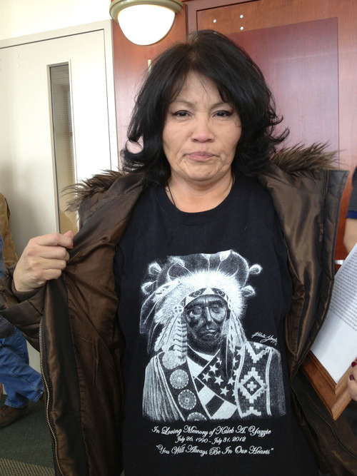 Marissa Lang | The Salt Lake Tribune
Cynthia Lansing displays the T-shirt she wore Monday to the sentencing of a 21-year-old who hid evidence after her son Kaleb Yazzie was brutally murdered last year. Her son's name and artwork adorns the shirt, which was created as a fundraiser to pay for funeral costs.