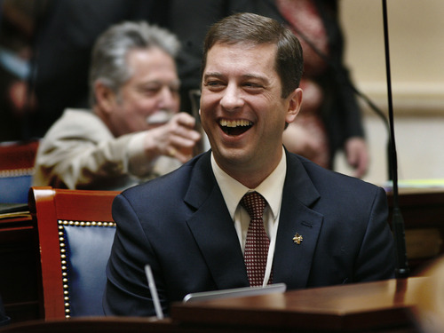 Scott Sommerdorf  |  Tribune file photo             
Sen. Aaron Osmond, R-South Jordan, laughs during an exchange on the Senate floor. He is proposing a change in the Legislature that would ban so-called boxcar bills that keep legislation secret until late in the annual session.
