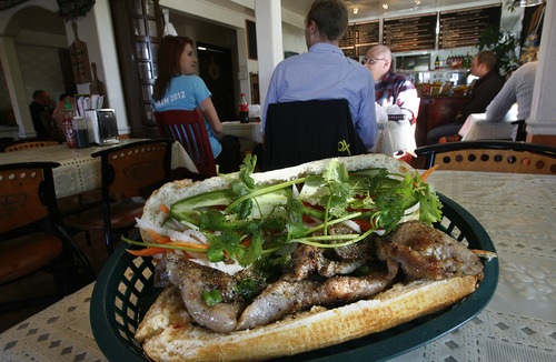 Scott Sommerdorf  |  The Salt Lake Tribune              
Standout dishes of 2012:  The Honey glazed pork (Thit Nuong) Banh Mi Sandwich at Oh Mai Vietnamese Sandwich Kitchen.