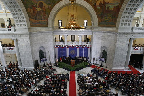 Francisco Kjolseth  |  The Salt Lake Tribune
Gov. Gary Herbert gives his inaugural address at the Utah State Capitol on Monday, January 7, 2013, after being sworn in as Utah's 17th governor.