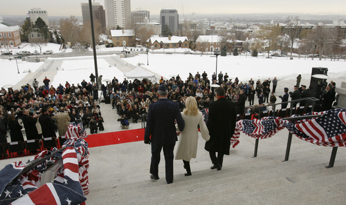 Utah Gov. Jon Huntsman Jr. and his wife, Mary Kaye, walk down the steps of the State Capitol on Monday during the governor's inauguration ceremony for his second term.  
Steve  Griffin  |  The Salt Lake Tribune
