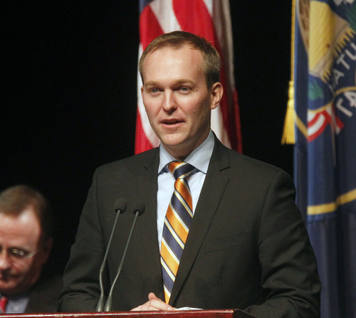 Al Hartmann  |  The Salt Lake Tribune
Ben McAdams makes his first speech as the new Salt Lake County mayor after taking the oath of office at the Rose Wagner Theatre Monday January 7.