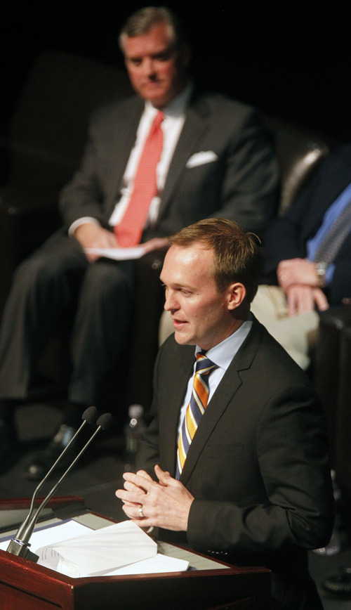 Al Hartmann  |  The Salt Lake Tribune
Ben McAdams makes his first speech as the new Salt Lake County mayor after taking the oath of office at the Rose Wagner Theatre Monday January 7.  Former Mayor Peter Corroon is seated in background.